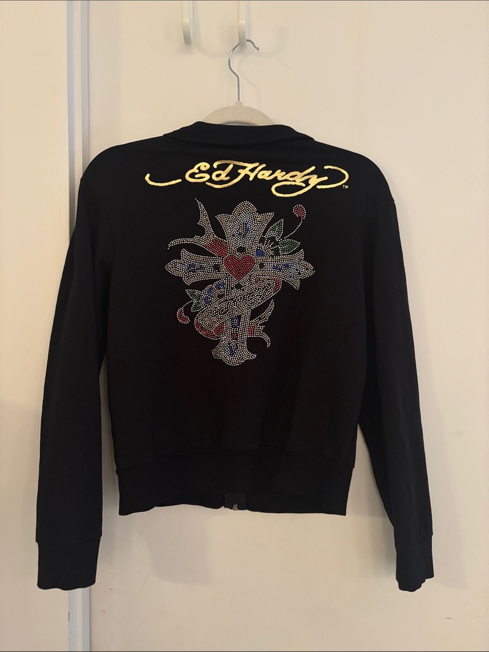 Vintage Y2K Ed Hardy Zip Up Jacket M Rhinestone Goth Skull Cropped Black 2000’s
